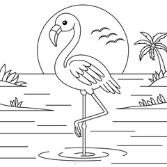 Wall Mural - Flamingo Cartoon Outline on lake Background Coloring Page