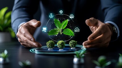 A professional showcasing innovative plant technology with holographic features, representing sustainability and growth in business.