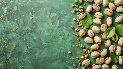 PIstachio on a green background flat layout. Delicious Pistachio. Dry PIstachio background