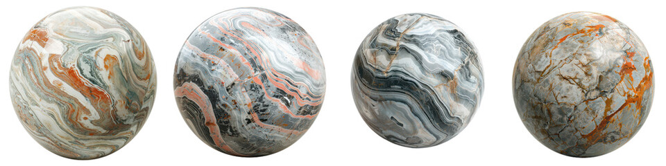 Set of four decorative stones with unique swirling patterns in earthy tones, perfect for home decor or artistic displays. transparent background