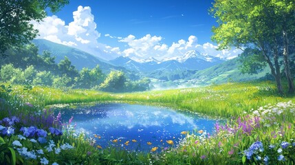 Wall Mural - A beautiful cartoon style illustration of a landscape with pond, trees, and mountains. 