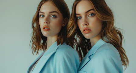 Wall Mural - Two stunningly beautiful young female twins in light blue suits, posing for the camera against an all white background