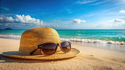 Stylish sun hat and sunglasses on exotic beach, perfect for travel or vacation marketing, beach, stylish, sun hat, sunglasses