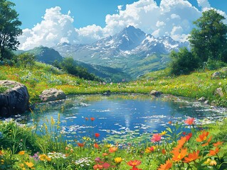 Wall Mural - A beautiful cartoon style illustration of a landscape with pond, trees, and mountains. 