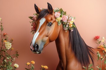 Sticker - Beautiful Brown Horse with Floral Wreath Against Peach Background Surrounded by Colorful Flowers