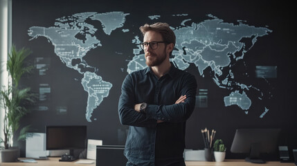 Confident Businessman in Modern Office with World Map Background and Contemporary Workspace