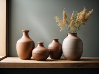 Wall Mural - Three ceramic vases on a wooden shelf