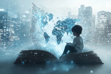 Wall Mural - A 3D image of a child sitting on a giant open book, with pages turning into a digital world map. The map is composed of letters and symbols, representing the digital aspect of literacy. The