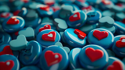 Vibrant pile of blue buttons with red heart and thumbs-up icons symbolizing social media engagement