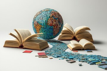 Wall Mural - A 3D illustration of a globe made of letters and symbols, with a path of open books leading to it. The books represent different cultures and languages, highlighting the global nature of literacy.