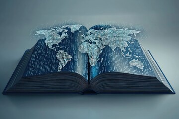 Wall Mural - A 3D rendering of a large book with a digital world map projecting from its pages. The map is composed of binary code and letters, representing the digital and linguistic diversity of literacy. The