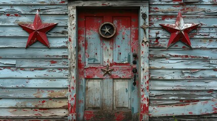 Wall Mural - Closed for Labor Day: Red, White & Blue Stars on Weathered Whitewash Background