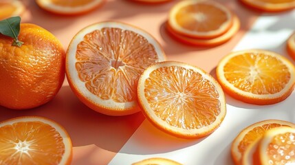 Wall Mural - Fresh Sliced Oranges in Sunlight with Vibrant Colors and Detailed Texture on a Warm Background