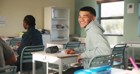 Poster - Young man, face and happy in classroom for learning, education and development as student in high school. Male person, smile and cheerful for growth, skill and confident in scholarship as learner