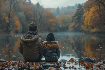 Father and Son Bonding in Nature: Back View of Resting Pair by Green Forest and Lake