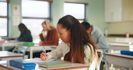 Aufkleber - Student, girl and writing in exam with learning, thinking and ideas in classroom, high school or education. Female person, teenager and remember in scholarship, development with confident in academy