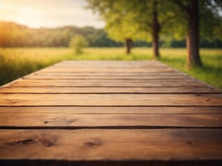 Poster - Wooden table with free space on nature blurred background