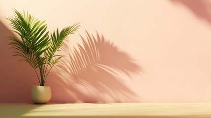 Wall Mural - a potted plant casts delicate leaf shadows on a soft pink wall in natural light.