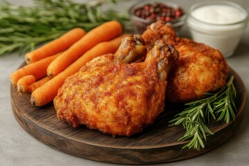 Wall Mural -  A close-up photograph of two pieces of crispy fried chicken placed on a wooden board, accompanied by fresh carrots and rosemary sprigs. 