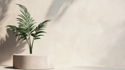Wall Mural - a round podium displays a lush green plant casting delicate shadows in soft, natural light.