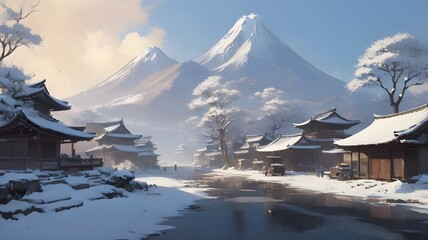 snowy Japanese village with wooden buildings and a clear view of a snow-capped mountain in the background