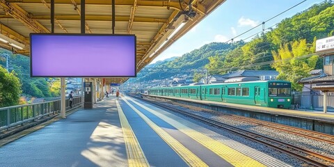 Train Station in Japan,empty white blank billboard in japan train station, Mock up white blank Billboard Media Advertising Poster template at train Station city street	