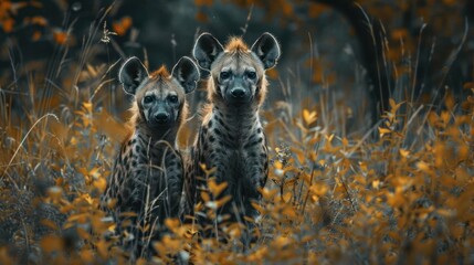 Two cheetah cubs in a grassy field with trees and yellow flowers during the fall season