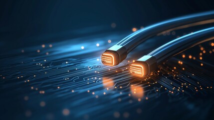Wall Mural - illuminated data streams: fiber optic cables blaze with data on a futuristic circuit board, symboliz