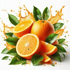 oranges in juice splash isolated on a white background