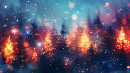 Wall Mural - abstract digital painting of christmas pine trees with colorful lights, featuring a blurred backgrou