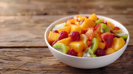 Create a realistic background with a vibrant fruit salad in a white bowl on a rustic wooden table