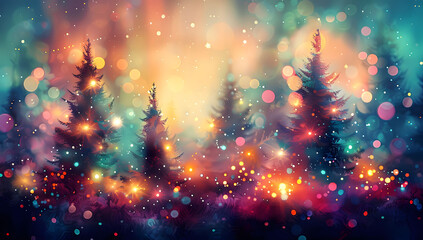 Wall Mural - abstract digital painting of christmas pine trees with colorful lights, featuring a blurred backgrou