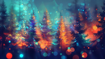 Wall Mural - abstract digital painting of christmas pine trees with colorful lights, featuring a blurred backgrou
