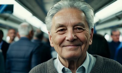 Wall Mural - Medium shot portrait video of a satisfied man in his 70s that is wearing a chic cardigan against a packed subway car during a rush hour background