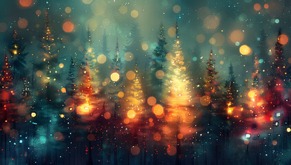 Wall Mural - abstract digital painting of christmas pine trees with colorful lights, featuring a blurred backgrou