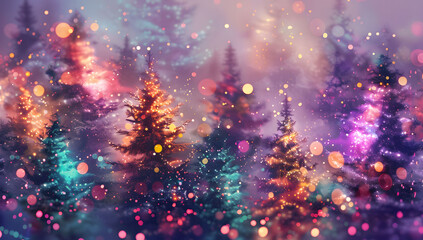 Wall Mural - abstract digital painting of christmas pine trees with colorful lights, featuring a blurred backgrou