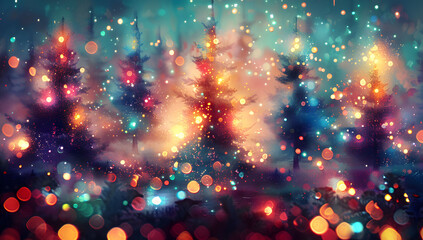 Wall Mural - abstract digital painting of christmas pine trees with colorful lights, featuring a blurred backgrou
