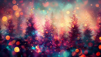 Wall Mural - abstract digital painting of christmas pine trees with colorful lights, featuring a blurred backgrou