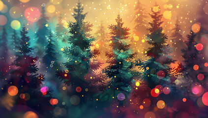 Wall Mural - abstract digital painting of christmas pine trees with colorful lights, featuring a blurred backgrou