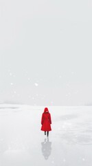 Wall Mural - silhouette of person with red clothes walking in the middle of the snow conceptual image, minimalist