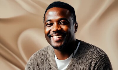 Poster - Portrait video of a happy Nigerian black man in his 50s wearing a chic cardigan against an abstract background 