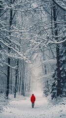 Wall Mural - silhouette of person with red clothes walking in the middle of the snow conceptual image, minimalist