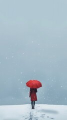 Wall Mural - silhouette of person with red clothes walking in the middle of the snow conceptual image, minimalist