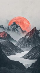 Wall Mural - red moon on the mountains conceptual image, minimalist, beautiful, centered,