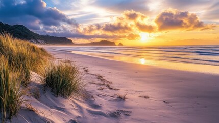 Wall Mural - Sunset Over a Coastal Beach with Grassy Dunes