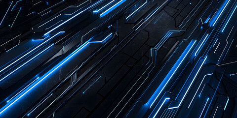 Wall Mural - Abstract black background with blue glowing neon lines, featuring futuristic geometric shapes and fluid stripes, perfect for technology-inspired designs or high-tech digital art.