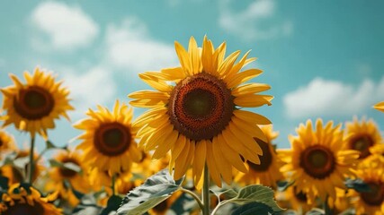 Wall Mural - Field of sunflowers under a clear blue sky, vibrant and cheerful