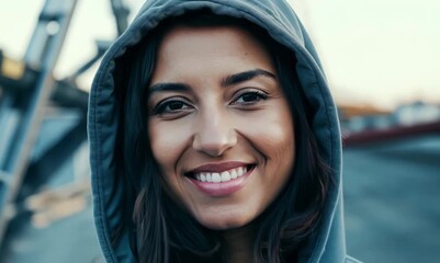 Canvas Print - Close-up portrait video of a pleased woman in her 30s wearing a stylish hoodie against a construction site or work zone background