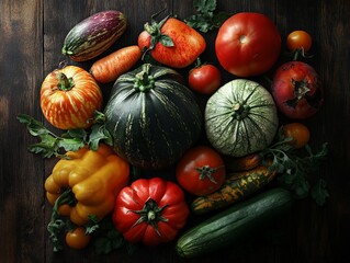 Assortment of heirloom vegetables on a dark wood background, showcasing their unique shapes and rich colors in a rustic setting