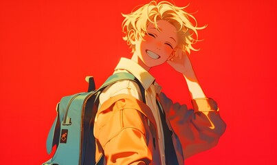 Wall Mural - anime style, Happy blonde stylish boy, Generative AI